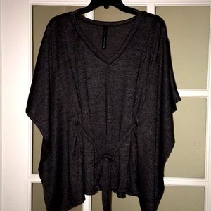 Cape sleeve, belted V-neck charcoal knit top